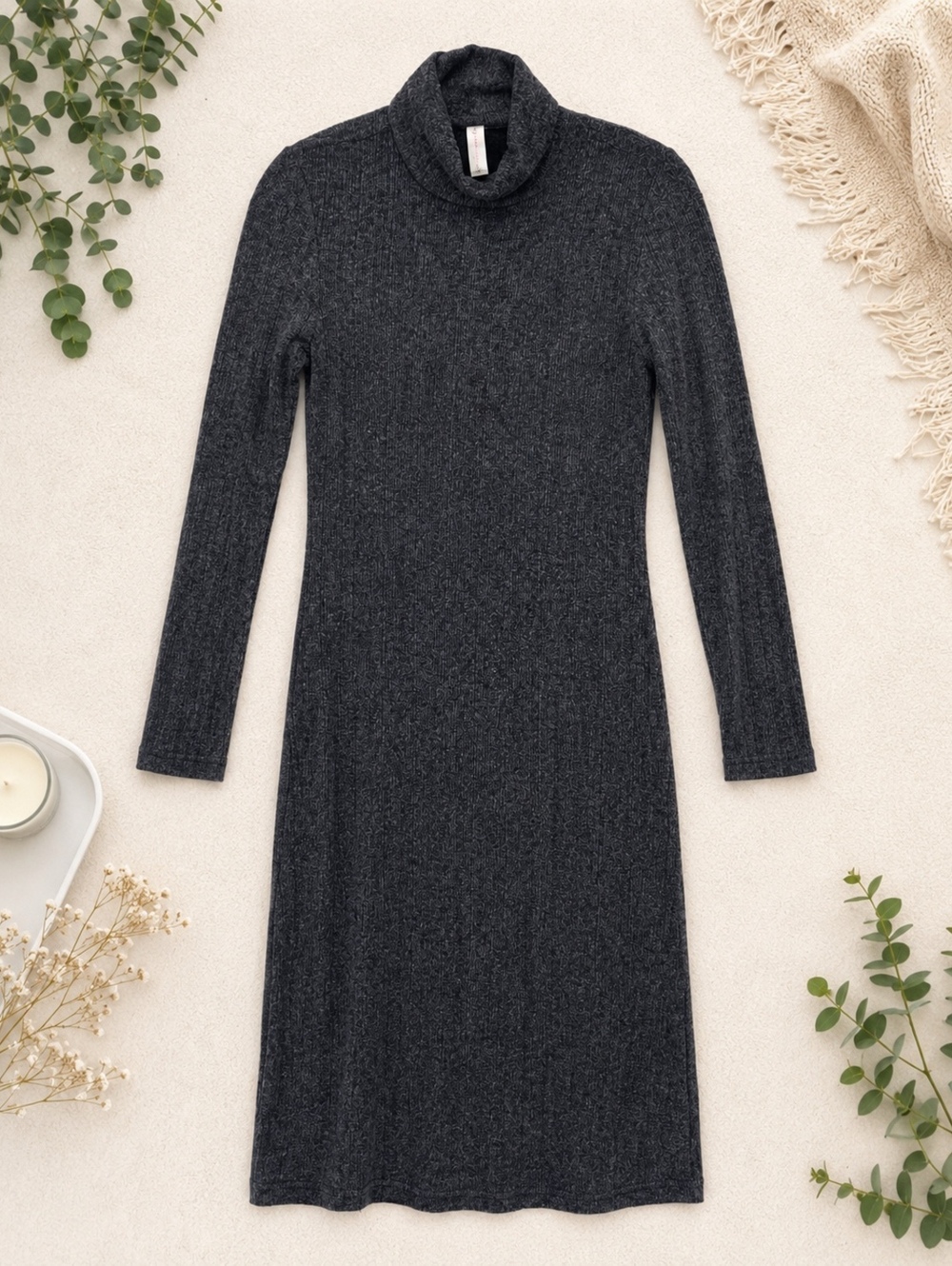 Anthropologie Daily Practice Black Ribbed Knit Sweater Dress Small Turtleneck